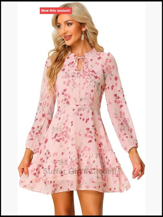 Dresses & Skirts - Allegra K Floral Chiffon Tiered Mini Dress V-Neck Puff Sleeve Ruffle Hem